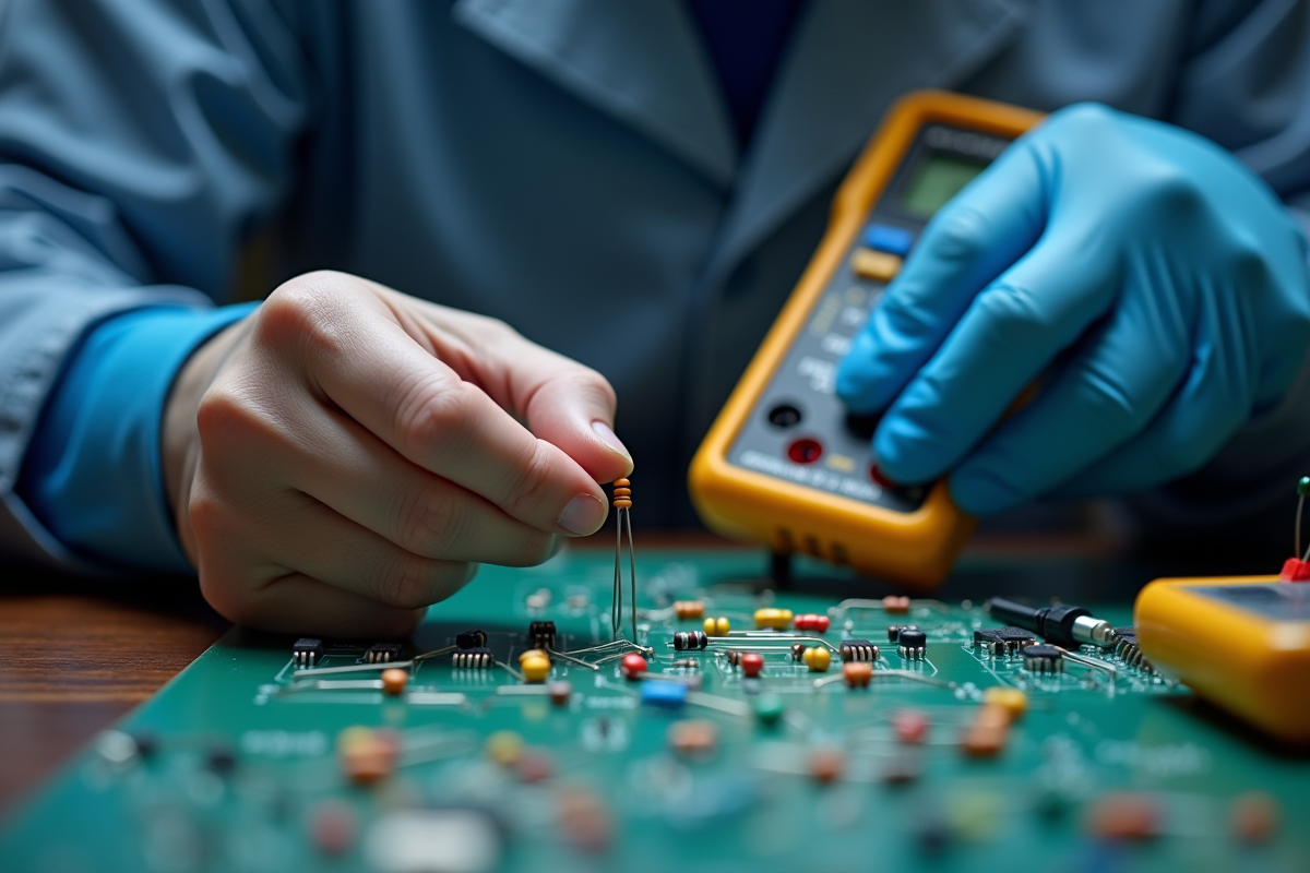 Technicien mesurant une resistance avec multimètre sur un plan de travail