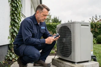 Technicien inspectant une pompe à chaleur air-eau avec un compteur d'énergie numérique