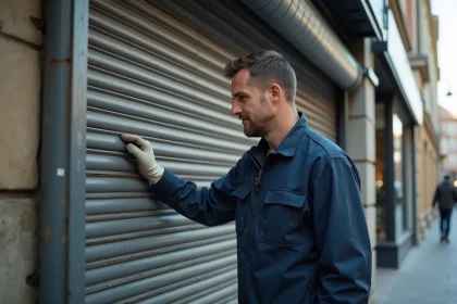 Technicien homme inspectant une serrure m&eacute;tallique en ville
