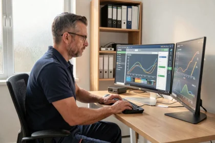 Technicien configurant un tableau de bord Synology pour piloter un système de panneaux solaires depuis un bureau à domicile