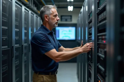 Technicien inspectant un panneau de contr&ocirc;le &eacute;lectronique