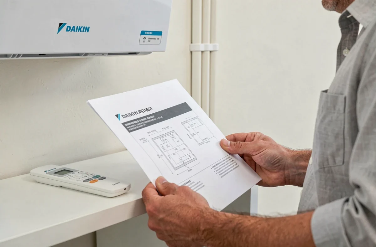 Télécommande et notice d'installation d'une pompe à chaleur air-air Daikin posées sur une étagère blanche