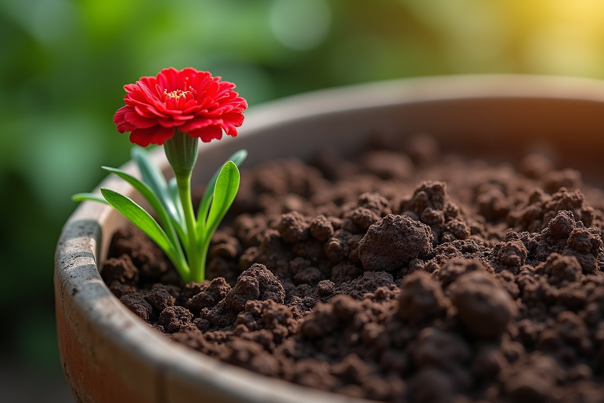 Gros plan sur la terre de jardin riche et sombre avec jeune plante de carnation