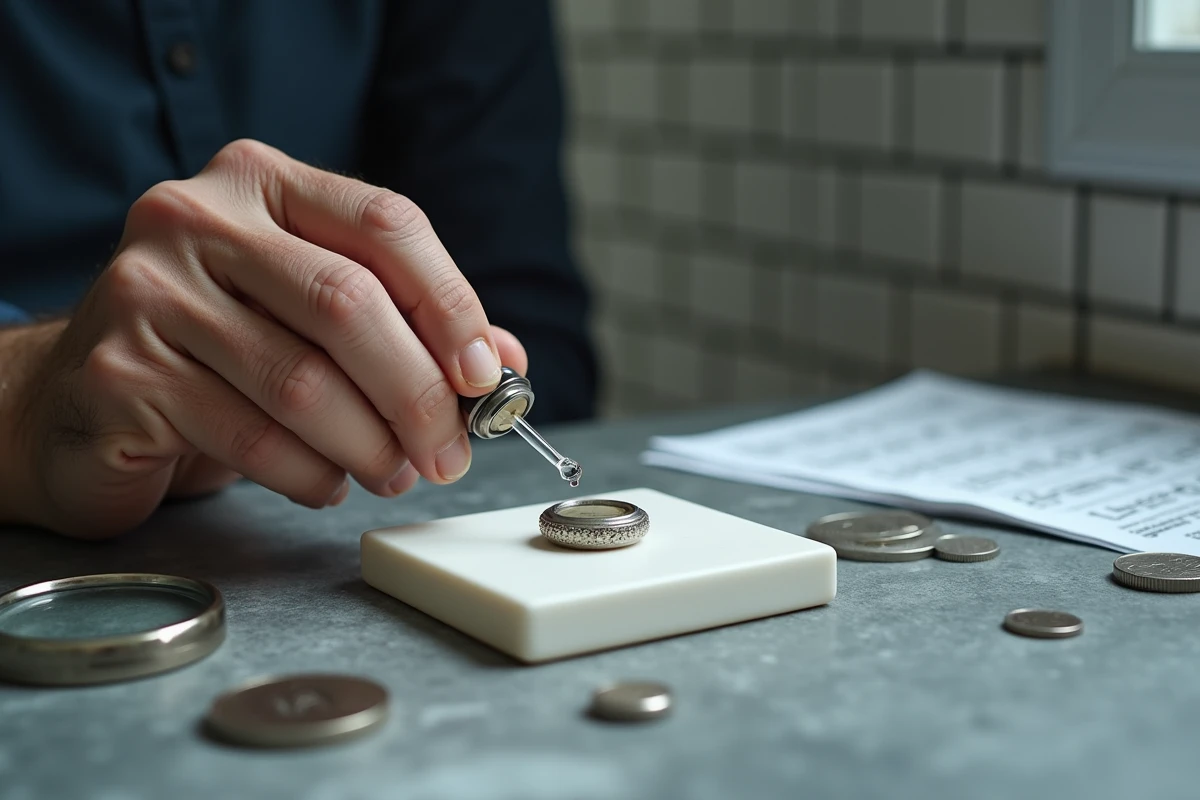 Test acide sur métal argenté avec pierre de touche pour vérifier l'authenticité d'un poinçon argent