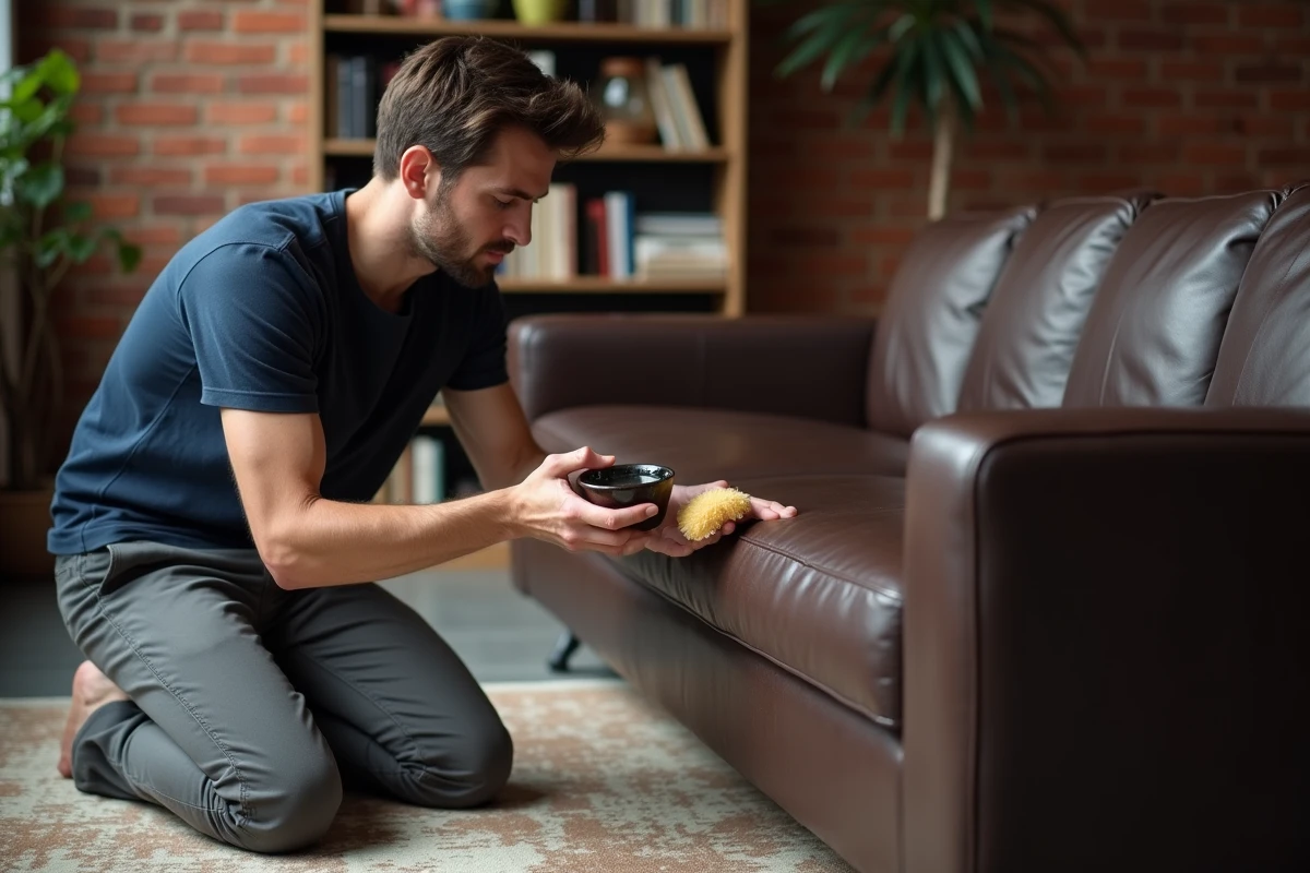 Homme testant le savon classique sur un canapé en cuir marron foncé avec une éponge naturelle