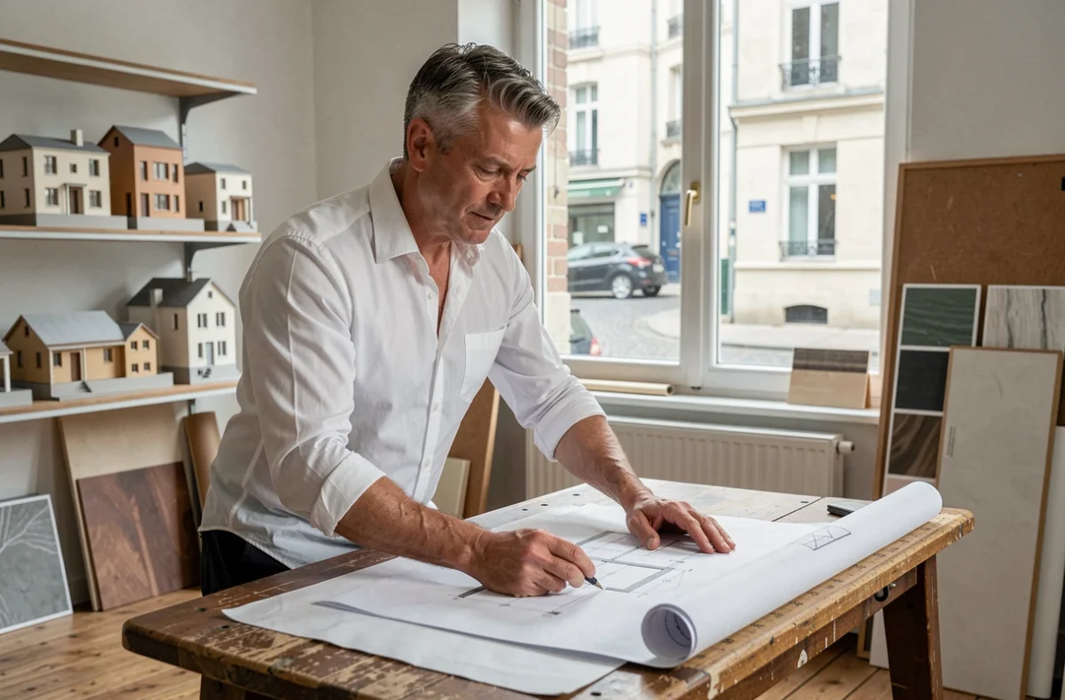 Frédéric Thinnes, décorateur d'intérieur, examinant des plans architecturaux dans son atelier de design dans l'Ain
