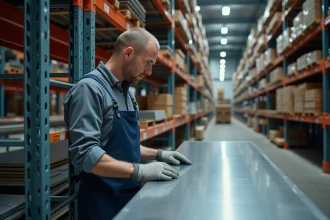 Employé de magasin bricolage tenant une tôle acier 2mm 2000x1000 en rayon, avec étiquettes de prix visibles en arrière-plan
