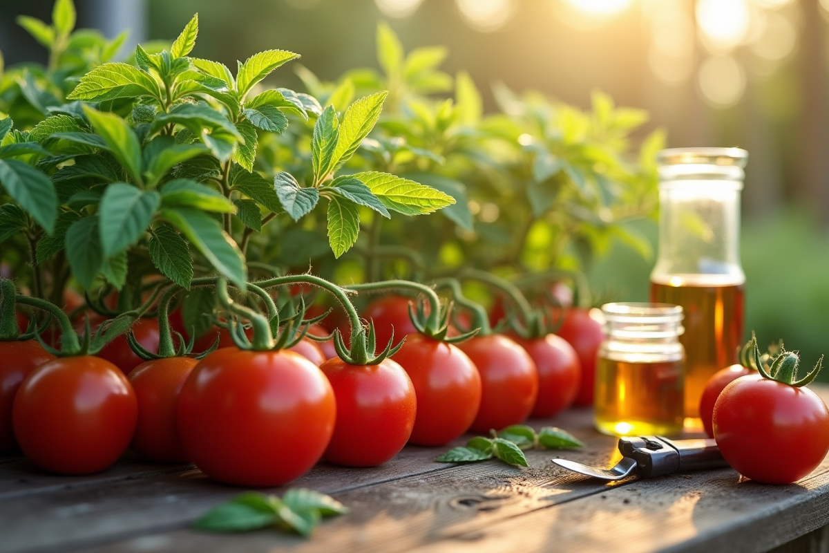 Tomates sains avec vinaigre et outils de jardinage au matin