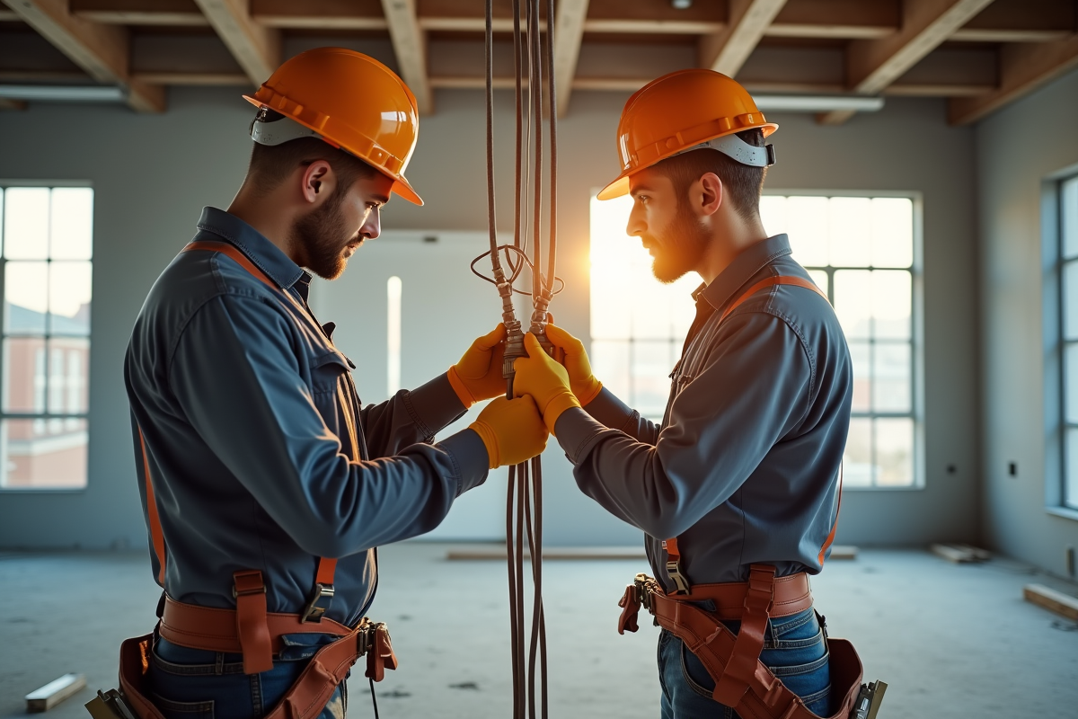 Deux electricians collaborant sur un chantier en construction