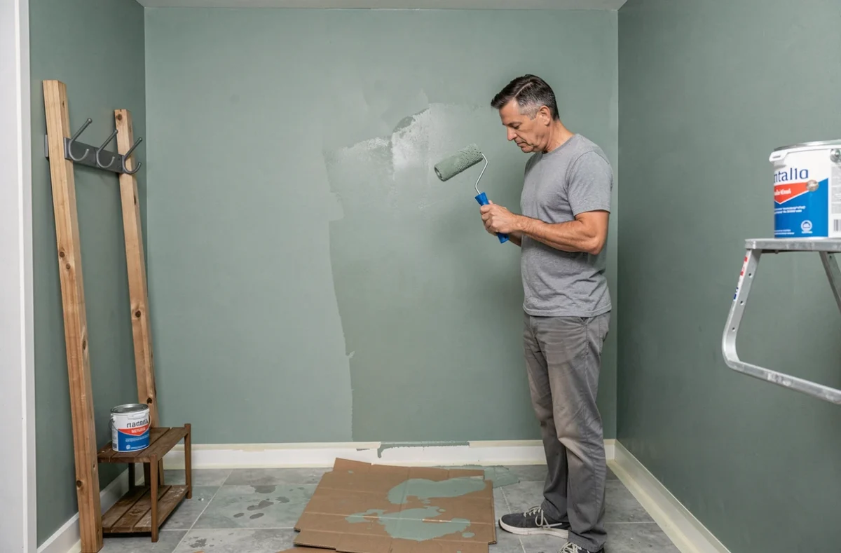 Homme appliquant une peinture vert sauge dans une entrée de location, outillage visible et protection au sol pour travaux sans gros budget