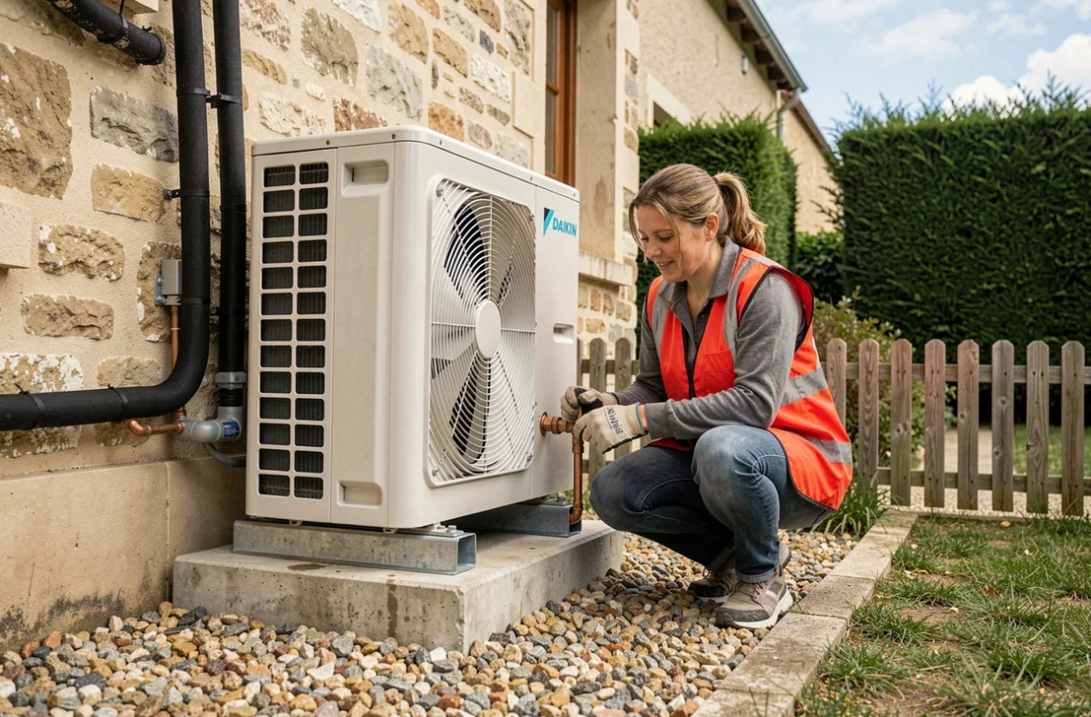 Unité extérieure de pompe à chaleur air-air Daikin installée sur dalle béton en jardin résidentiel