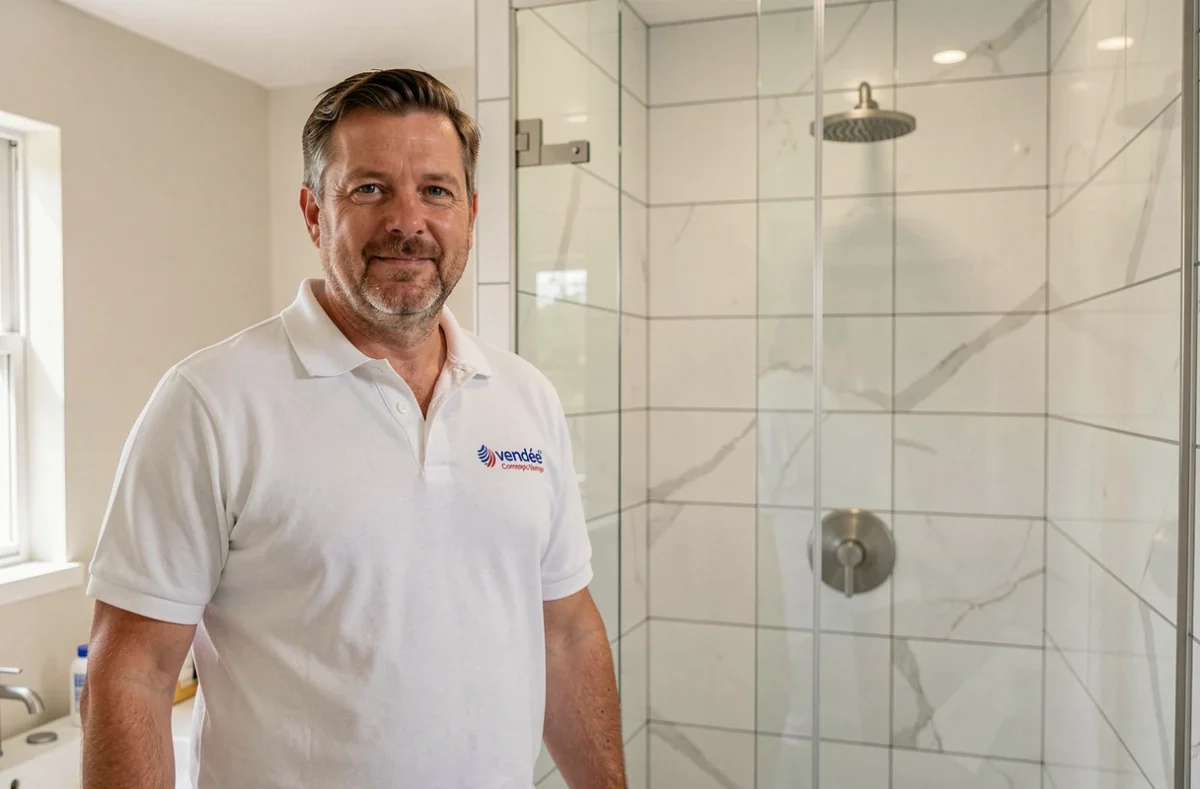 Technicien de Valoriz devant une installation de douche à l'italienne rénovée en Vendée