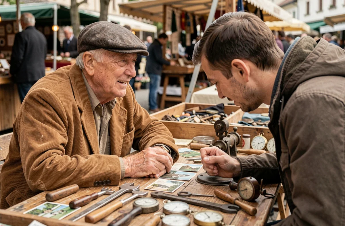 Vendeur âgé discutant avec un client devant un étal de marché aux puces à Annecy un dimanche
