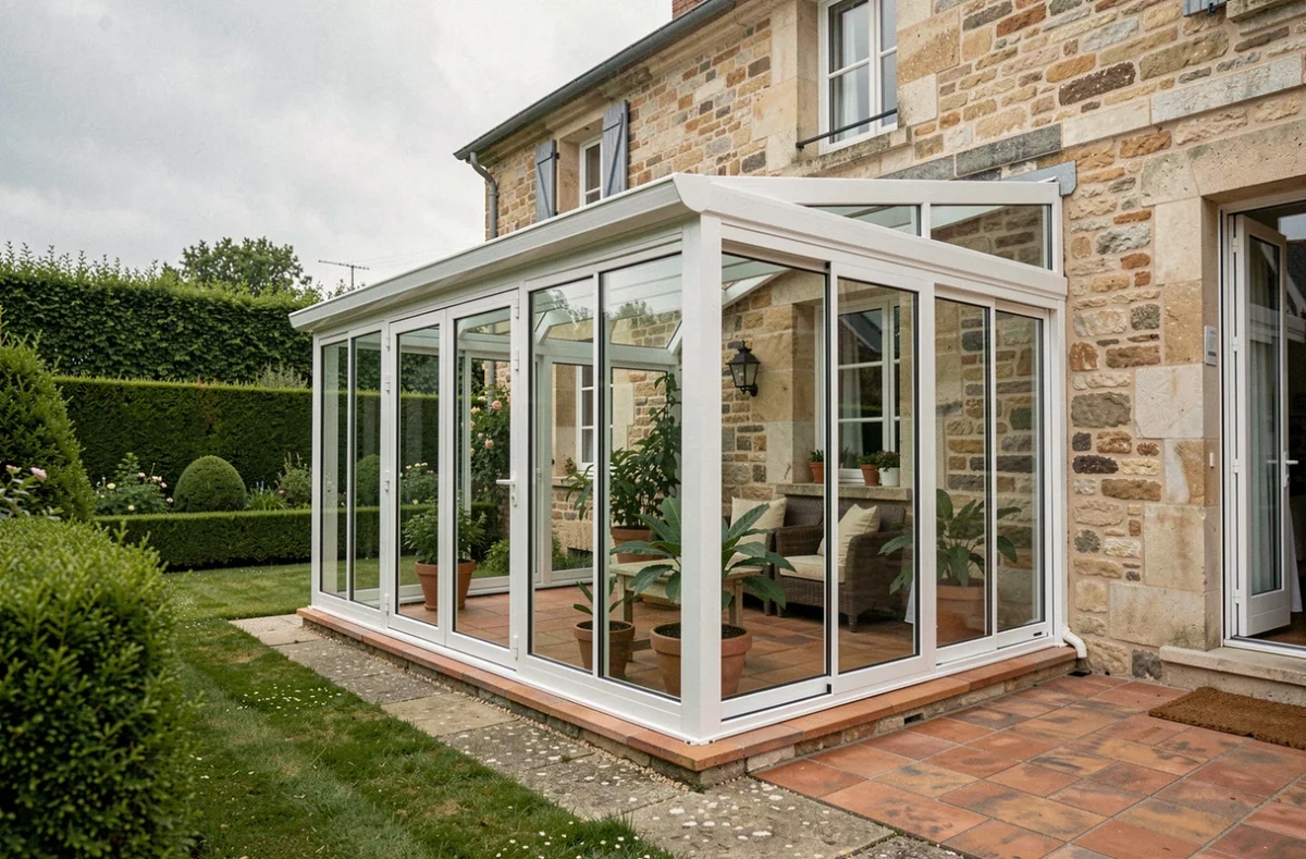 Véranda en aluminium et verre accolée à une maison en pierre, vue depuis le jardin extérieur
