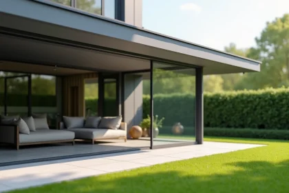 Véranda moderne à toiture plate avec grandes baies vitrées et structure en aluminium anthracite, vue depuis le jardin