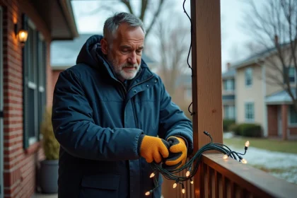 Homme vérifiant et démêlant des guirlandes lumineuses extérieures de Noël sur une terrasse en bois avant installation