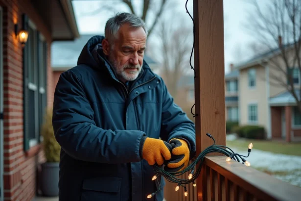 Homme vérifiant et démêlant des guirlandes lumineuses extérieures de Noël sur une terrasse en bois avant installation