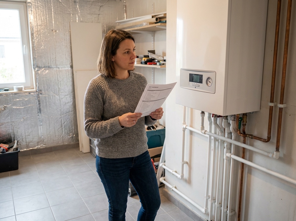Propriétaire vérifiant l'installation intérieure d'une pompe à chaleur air-eau dans une buanderie rénovée