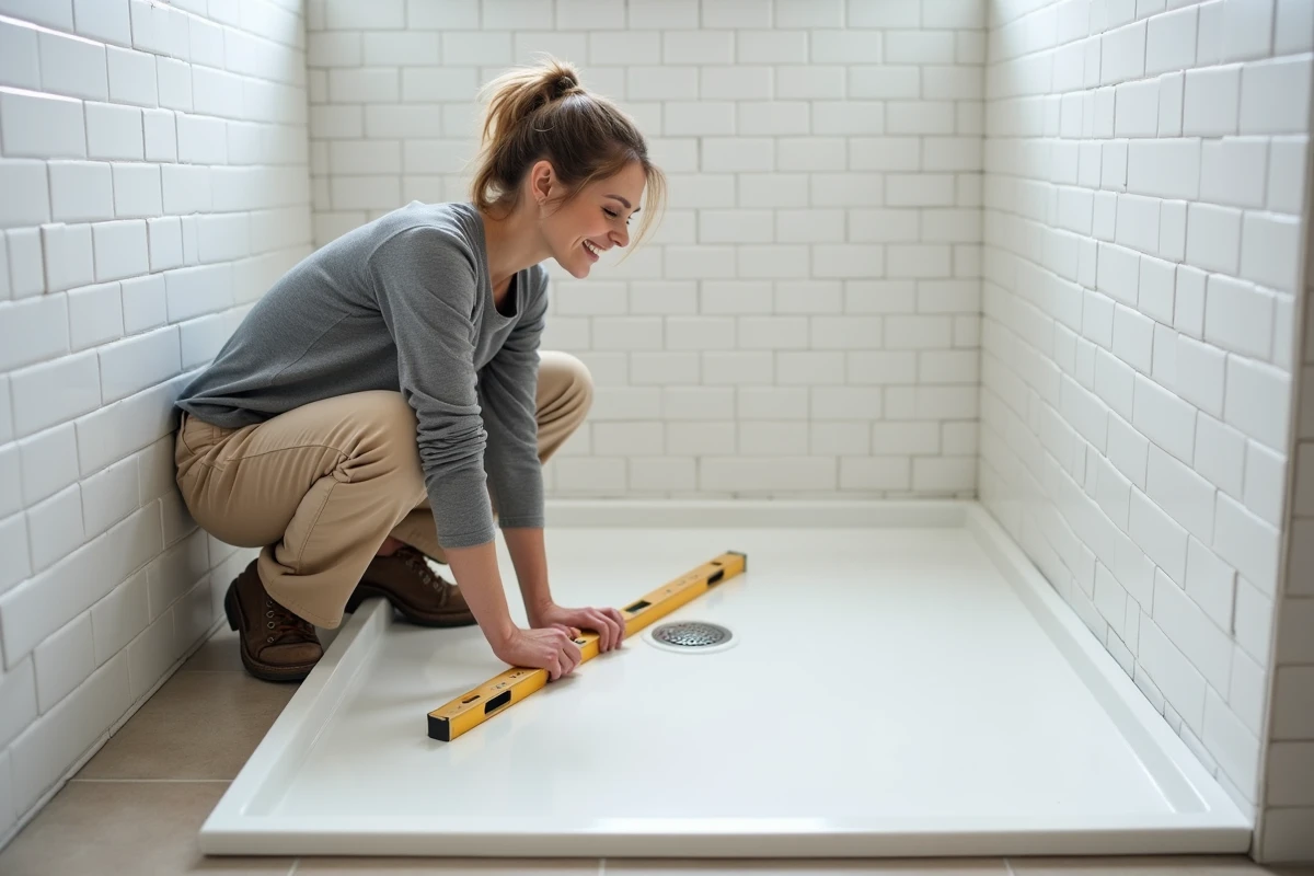 Femme vérifiant le niveau d'un receveur de douche extra plat fraîchement installé à ras du sol carrelé dans une salle de bain moderne