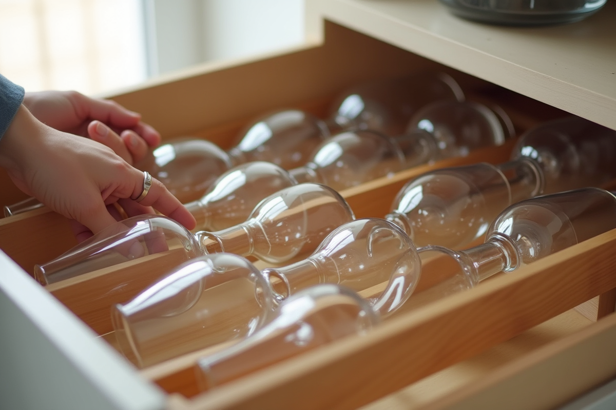 Verres de vin rangés dans un tiroir organisé