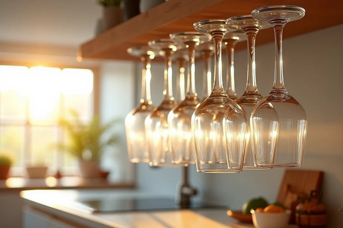 Verres de vin suspendus dans une cuisine lumineuse
