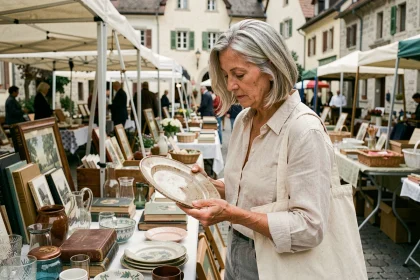 Femme examinant une assiette ancienne sur un stand de vide-grenier à Annecy par un dimanche matin