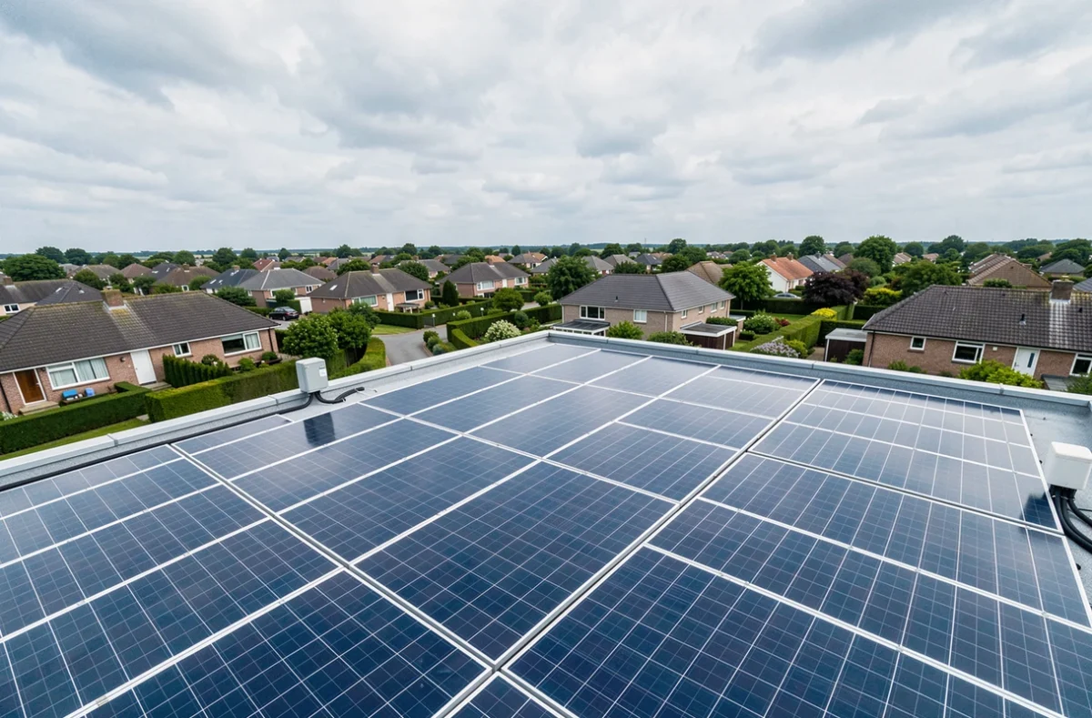 Vue aérienne de panneaux solaires photovoltaïques installés sur le toit d'une maison individuelle dans un quartier résidentiel