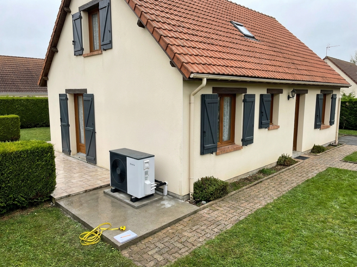 Vue extérieure d'une maison pavillonnaire avec une pompe à chaleur air-eau posée sur dalle béton avant installation définitive