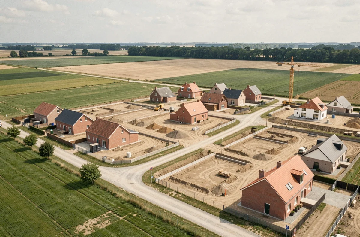 Zone de construction de maisons picardes en développement en périphérie d'une ville du nord de la France avec parcelles et fondations visibles